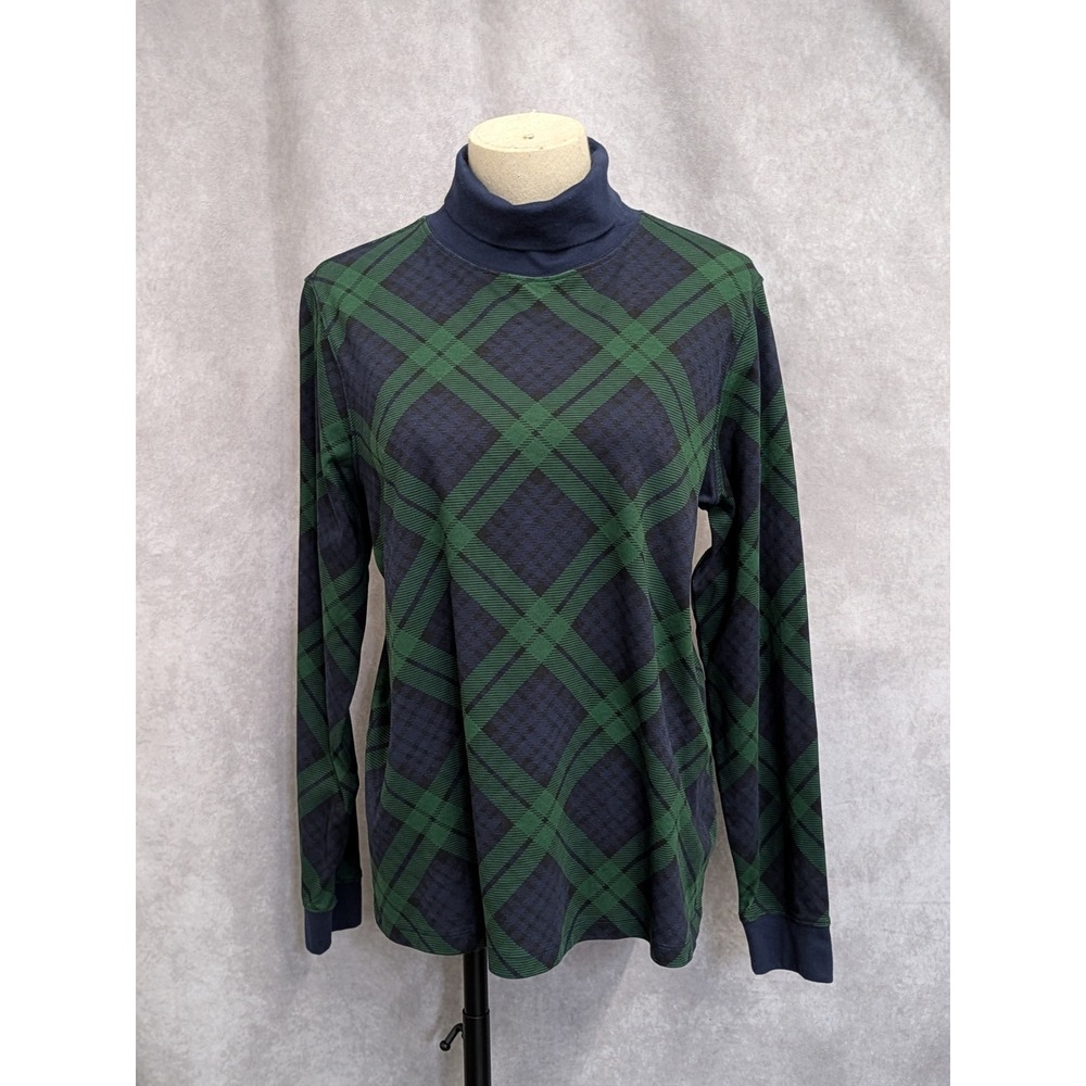 LL Bean Women Green Navy Blue Plaid Turtleneck Long Sleeve Cotton Shirt L-C225